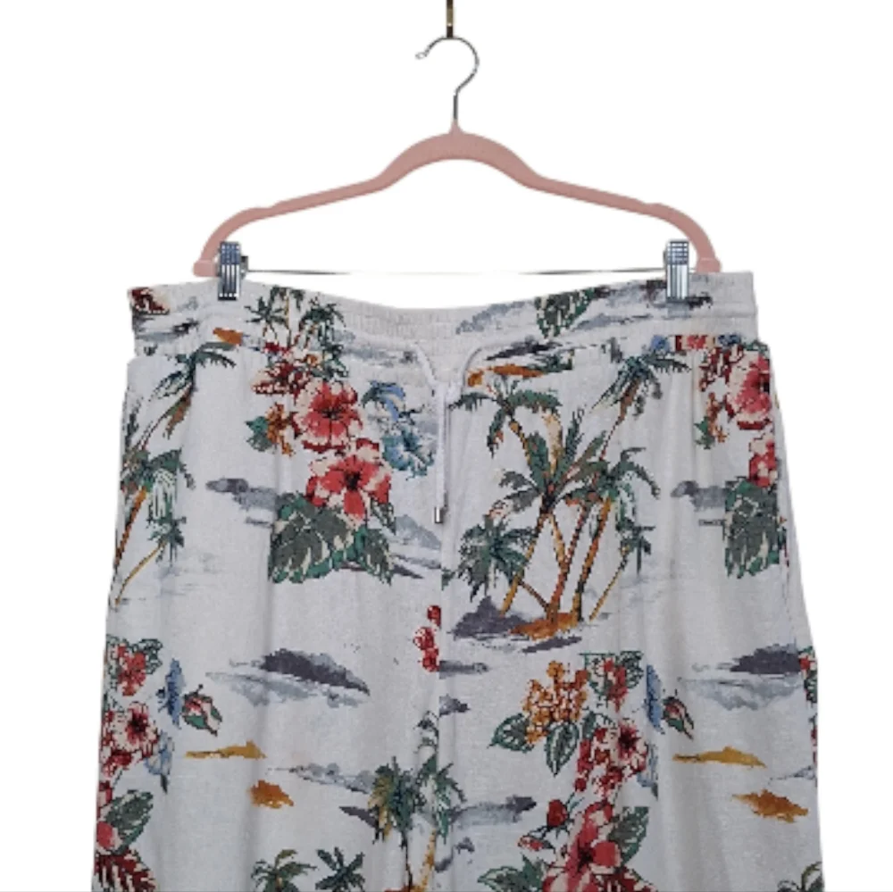 Time and Tru Tropical Floral Linen-Blend Wide Leg Pants 22 Coastal Boho Vacation